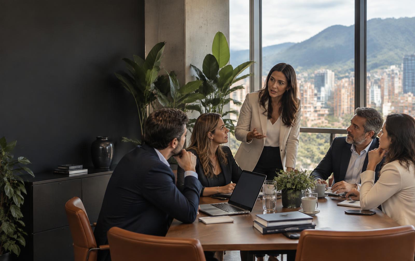 Equipo directivo en una conversación estratégica en Bogotá